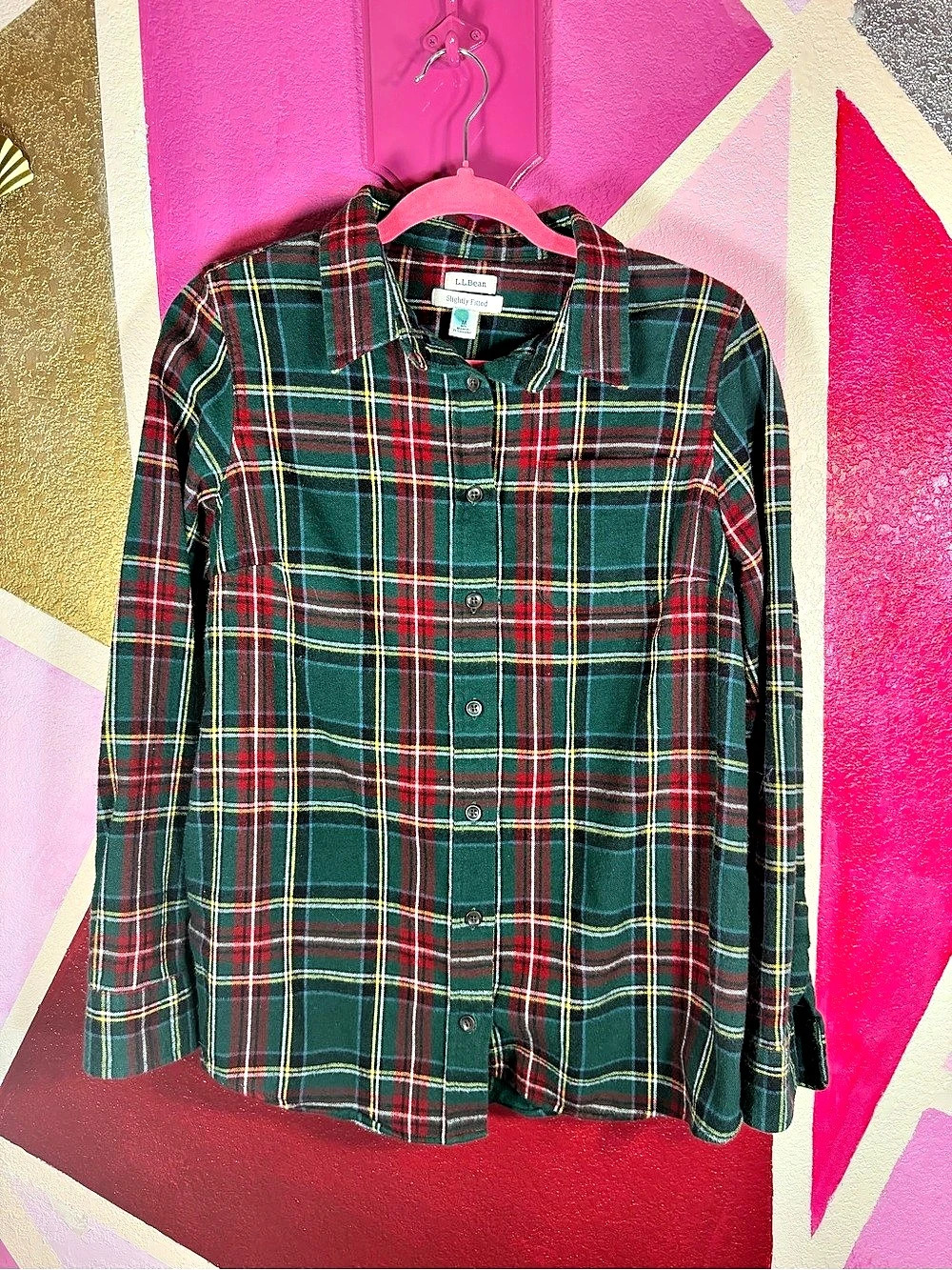 L.L.Bean Slightly Fitted Green Tartan Plaid Flannel Shirt Women's Medium